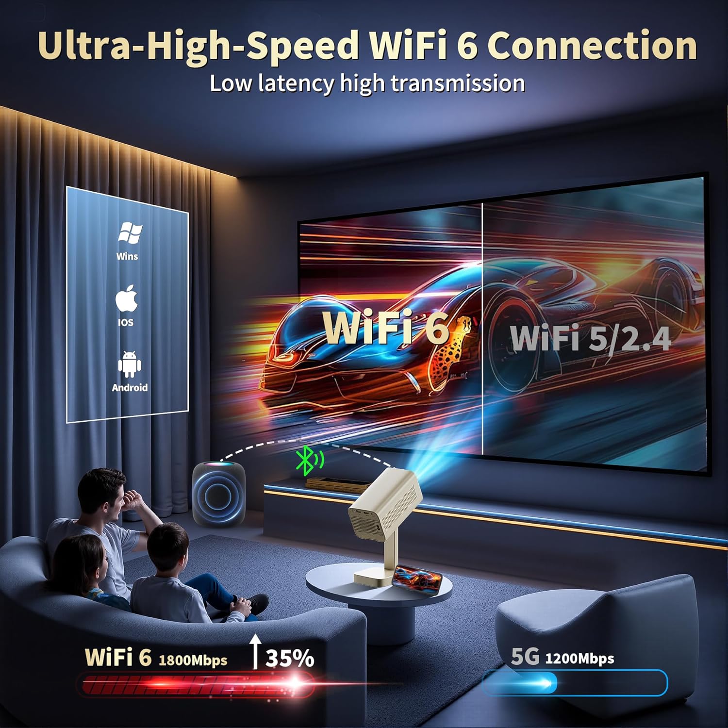 4K Mini Projector 2026 Upgraded Support Native 1080P FHD, Smart Projector [Built-in Apps] with WiFi and Bluetooth, Real-Time Auto Focus & Keystone Correction Supports TV Stick/iPad/Laptop/HDMI - Beige