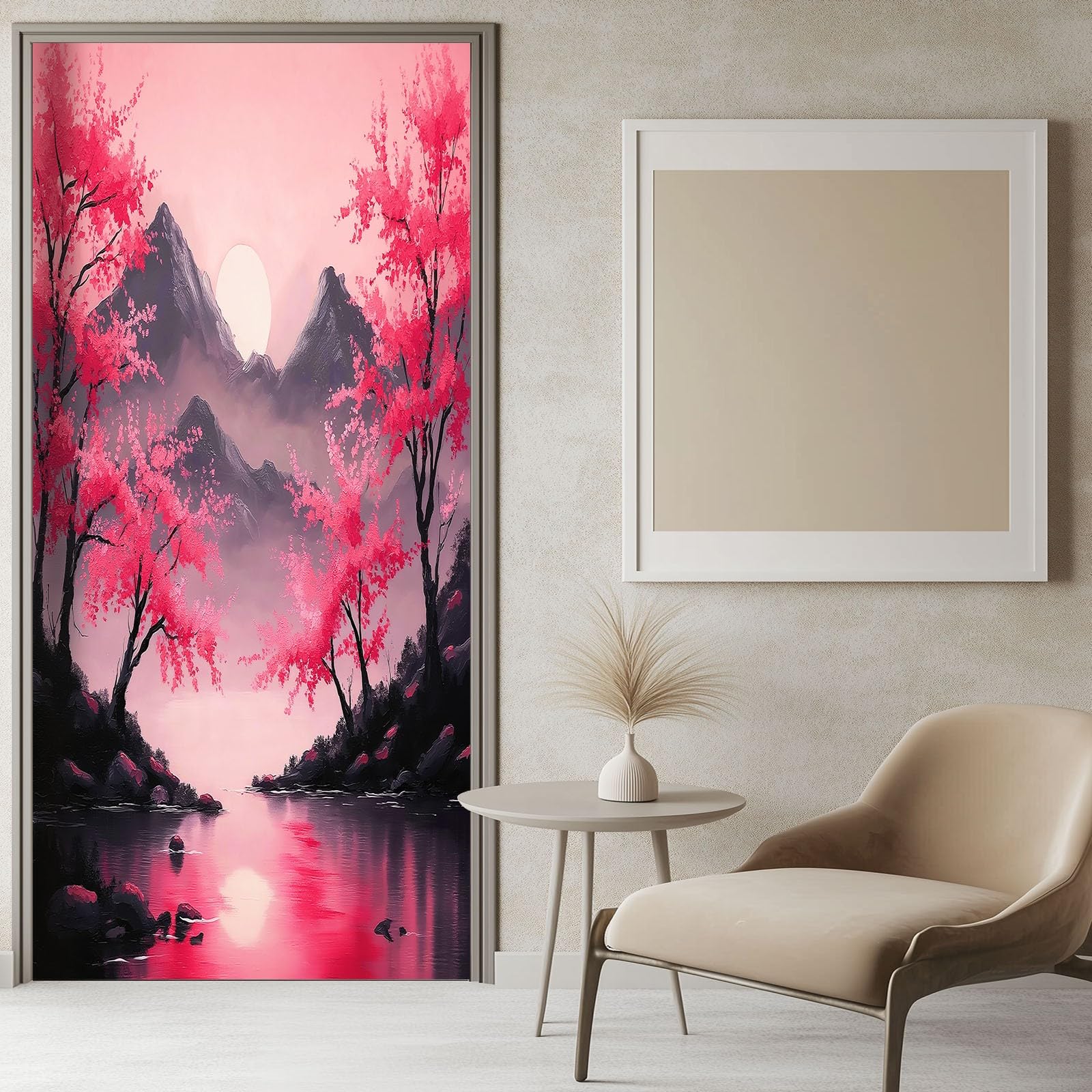 Obraz olejny styl naklejka na drzwi, naklejka na drzwi, kwiaty wiśni, tapeta na drzwi dla dzieci, do sypialni, 95 x 215 cm (szer. x wys.) naklejka na ścianę, fototapeta, dla dzieci, dekoracja pokoju
