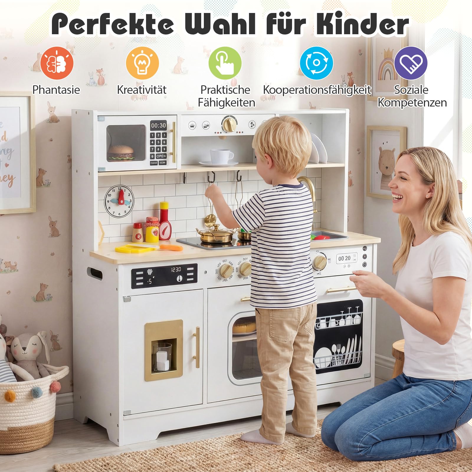 COSTWAY Kinderküche mit Licht & Sound, Spielküche Holz mit Herd, Spüle, Ofen, Eismaschine, Mikrowelle, Kaffeemaschine, Holzüche inkl. 14 Zubehör, Spielzeugküche für Kinder ab 3 Jahren (Weiß)