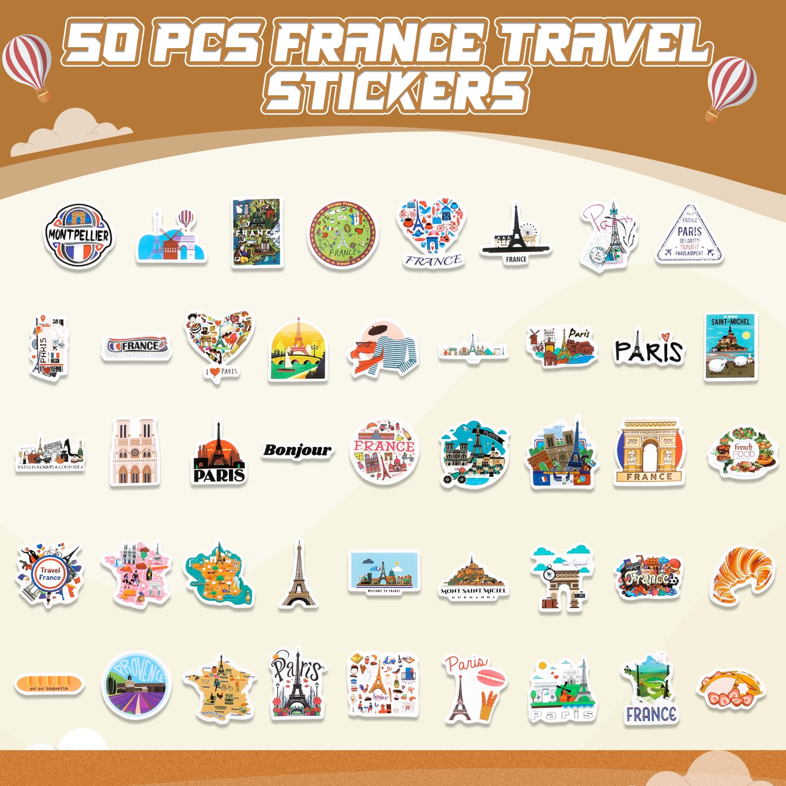 Tenare 50 Pcs Paris Stickers for Scrapbooking French Travel Stickers Waterproof for Scrapbook Suitcase Journal Water Bottle Laptop Luggage Guitar Skateboard Computer Bike - Image 2