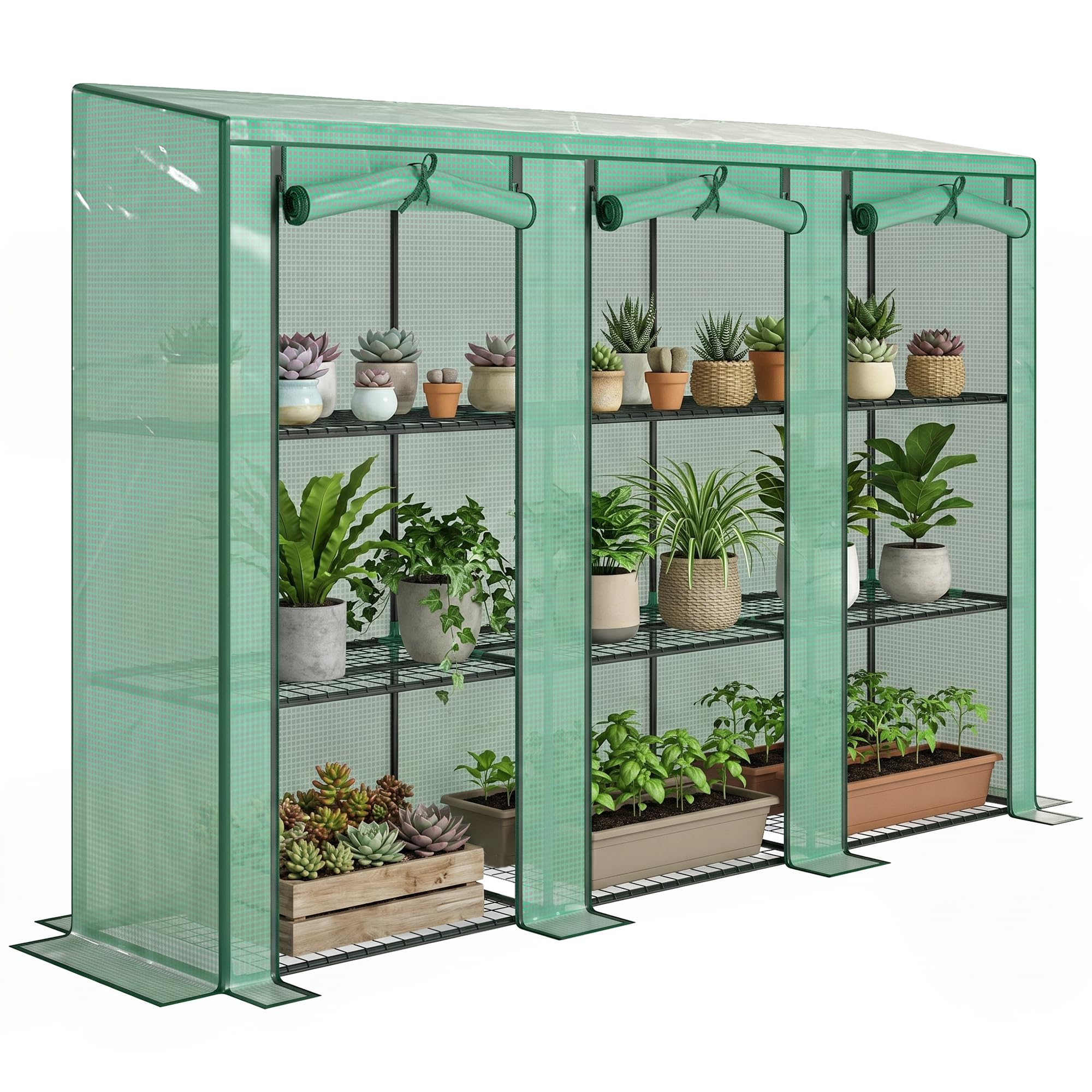 Outsunny Serra mini appoggiata Copertura in PE 215x46x151 cm Verde | Rinforzata, portatile, serra da interno/esterno, 3 porte a rotolo, 3 piani 9 mensole in filo