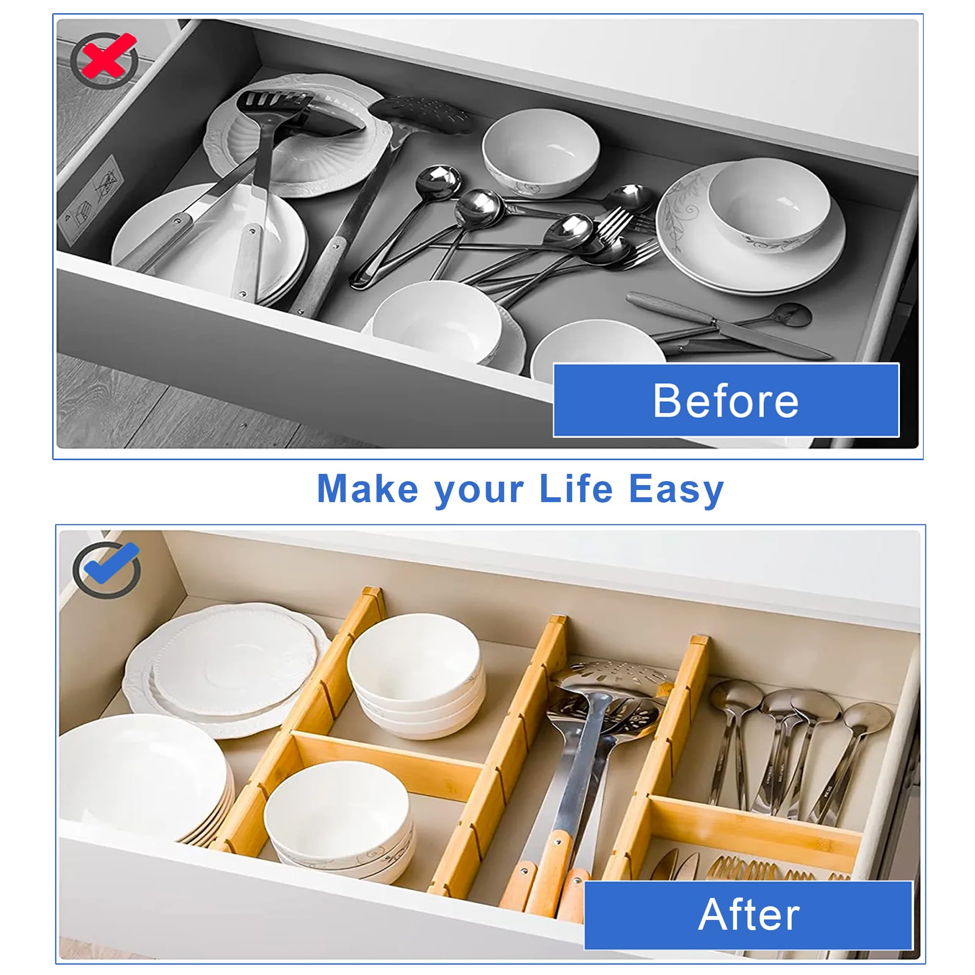 4 Pack Bamboo Drawer Dividers with 9 inserts – 16.3-22 Inches Expandable and Adjustable Drawer Dividers with Non-Skid Grip