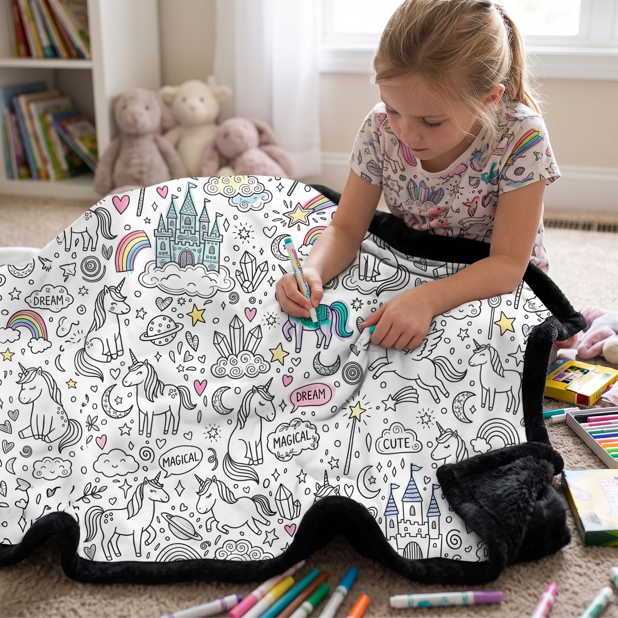 Flat Print Unicorn DIY Coloring Blanket with 24 Markers Craft Girls Gift | Interactive DIY Color Your Own Blanket Premium Magical Unicorn Perfect Arts and Crafts Gift for Girls