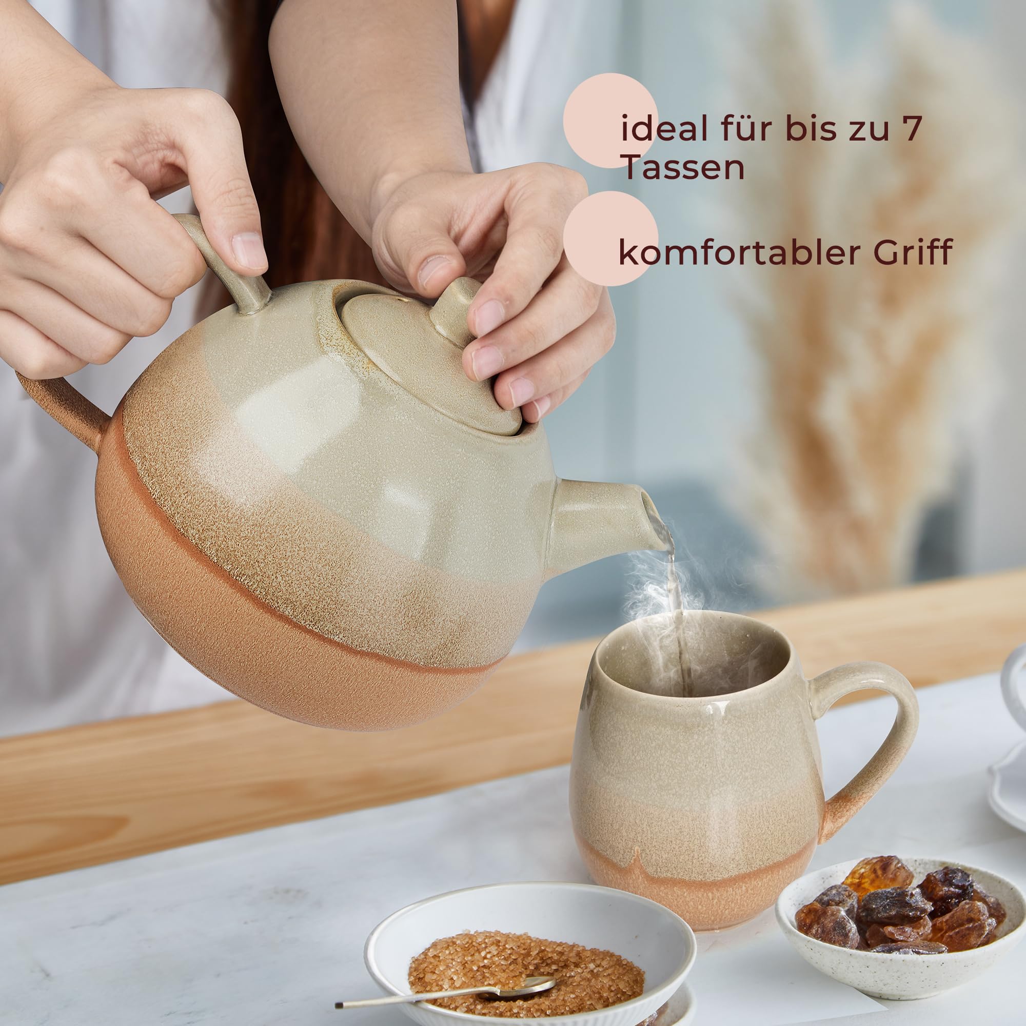 Keramik Design Teekanne mit Stövchen und Sieb - 1,4 l - Sandbeige
