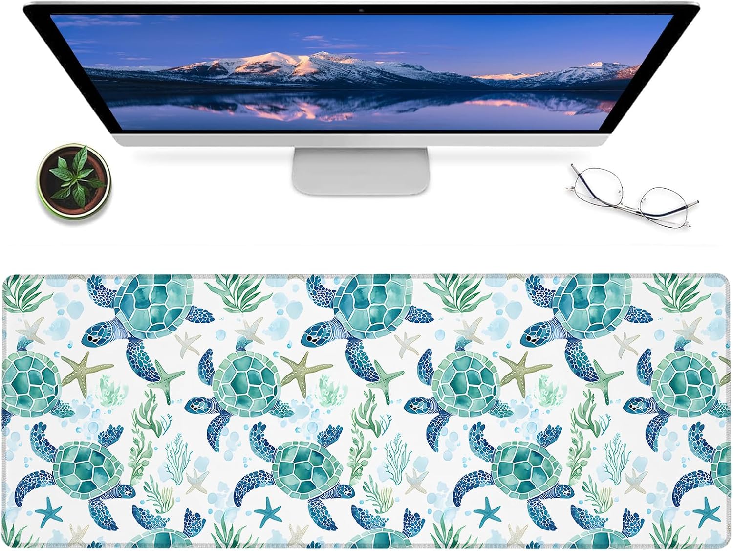 Sea Turtle Gaming Mouse Pad,12x31.5in Non-Slip Rubber Cute Blue and Green Hues Desk Mat,Large Extended Marine Life Mousepad for Office Home Laptop,Mice Pads Gifts,Game Lover Deskmat Decor