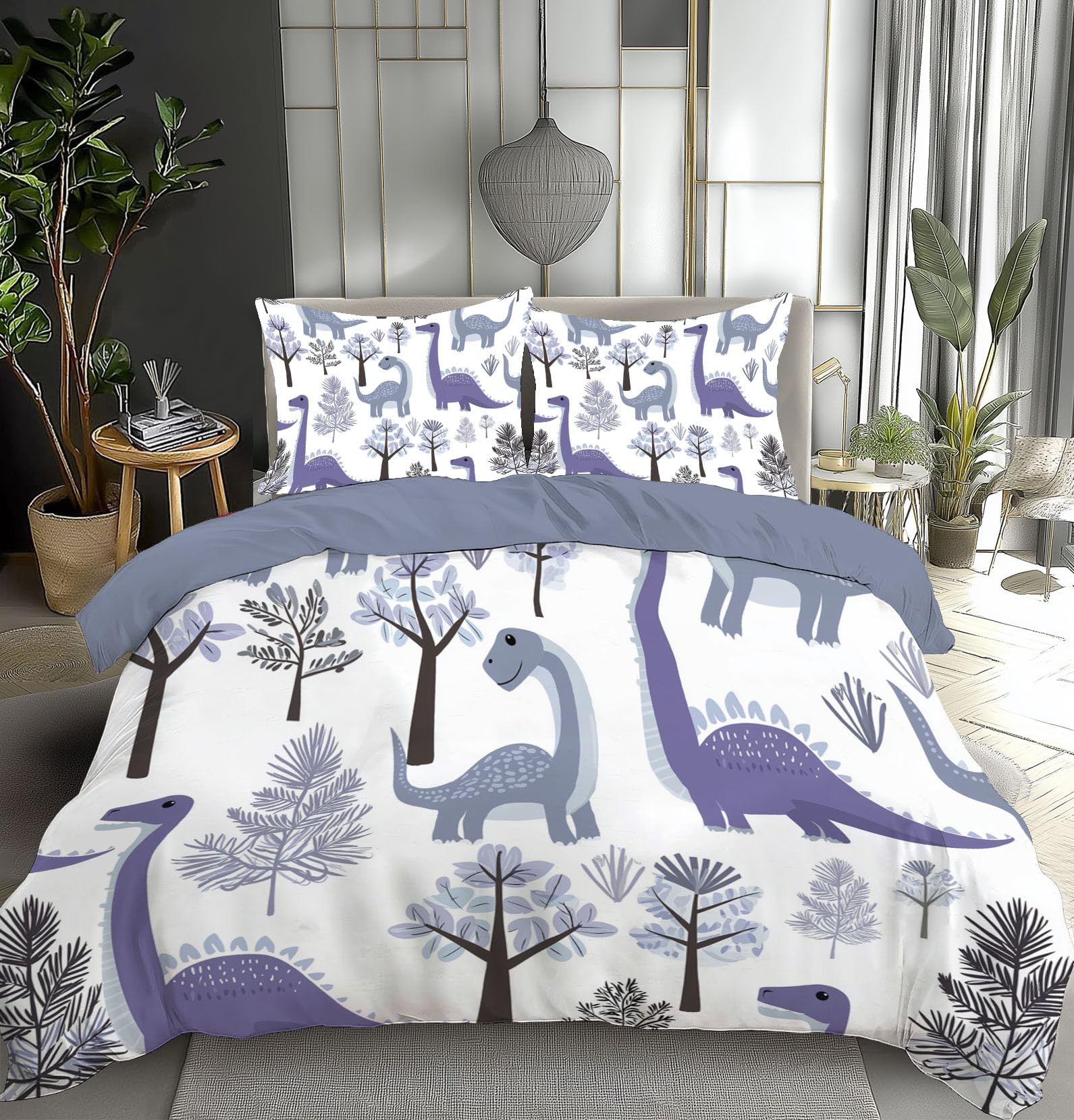 Parure de lit dinosaure 200x200 avec housse de couette violette et blanche