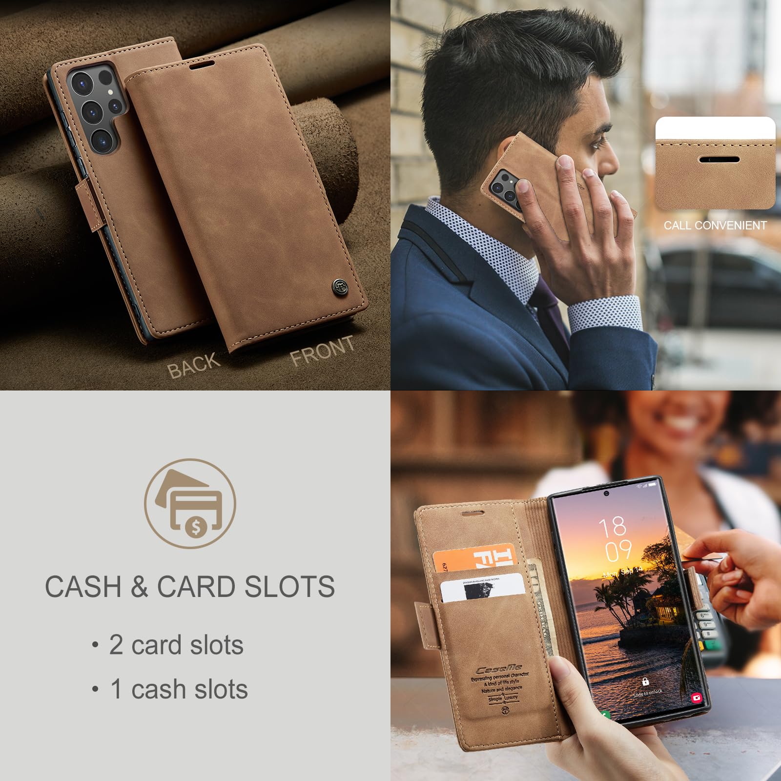 Azororo Cover per Samsung Galaxy S24 Ultra 5G, Premium PU Pelle Custodia, Magnetica Carta Fessura Portafoglio Case, Flip Cavalletto Custodia per Samsung Galaxy S24 Ultra- Marrone