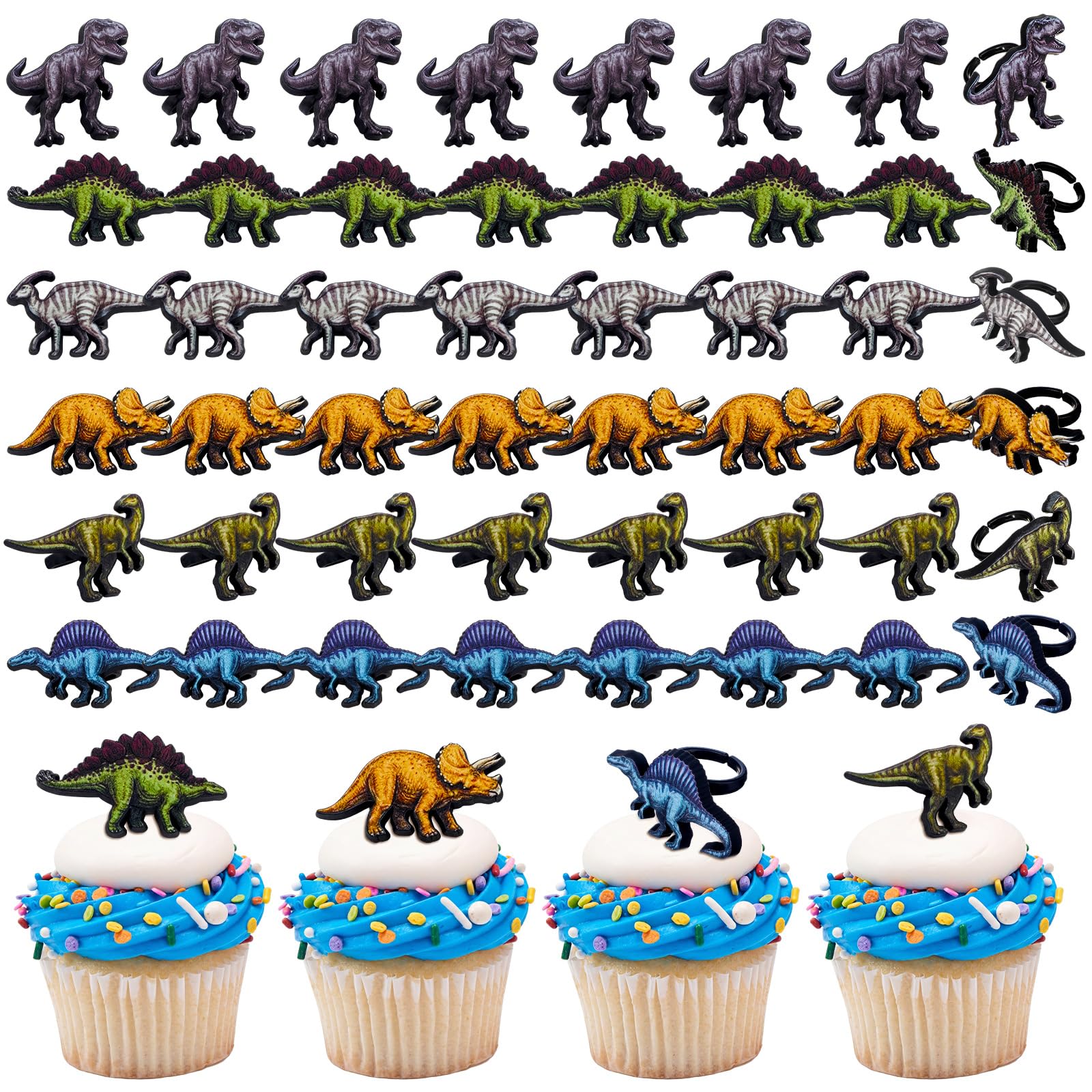 Chunful 48 Pcs Dinosaur Cupcake Rings Toppers Cake Dino Party Decoration