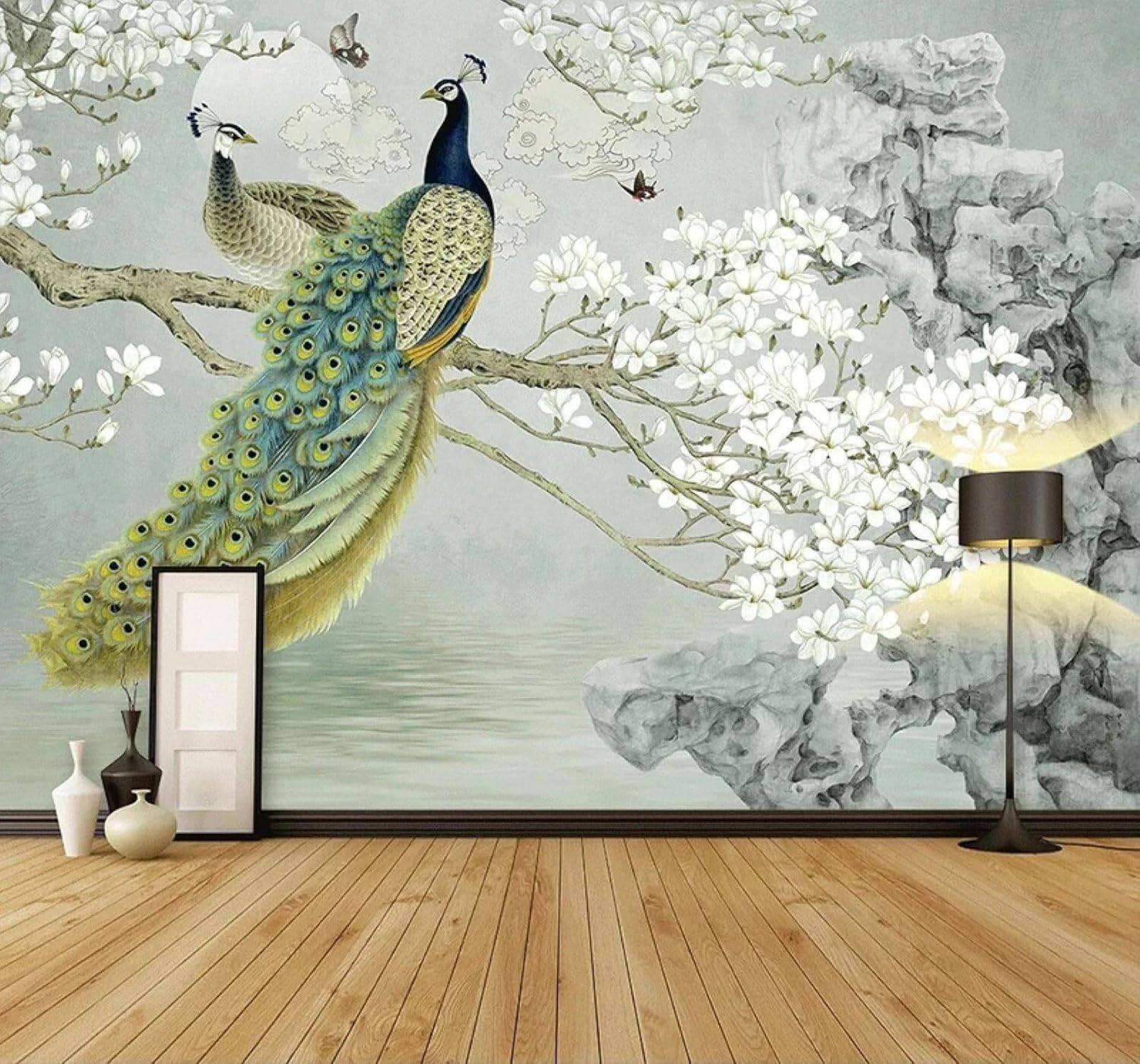 XLMING Beautiful Peacock Magnolia Butterfly Landscape 3D Wallpaper Premium Textured Silk Study Dining Living Room Bedroom Sofa TV Wall Easy Install-350cm×256cm