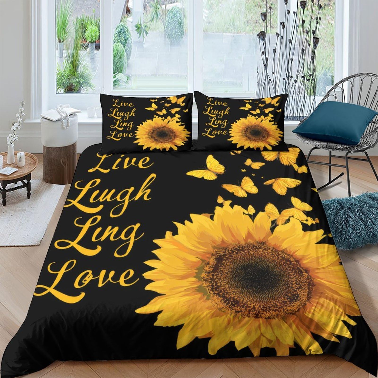 TUFRTGYHN 3D Printed Sunflower Butterfly Duvet Cover Microfiber Soft Breathable Bedding Set with 2 Pillowcases for Bedroom Decor Single（135x200cm）