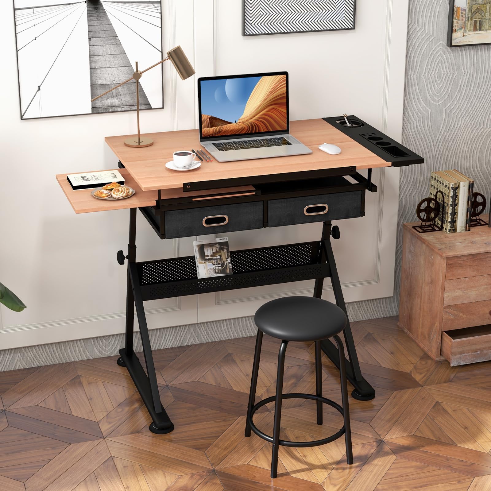 FANTASK Zeichentisch mit Hocker, Architektentisch höhenverstellbar, Schreibtisch mit neigbarer Tischplatte, Schülerschreibtisch mit 2 Schubladen, Arbeitstisch für Architekt & Künstler (Natur)