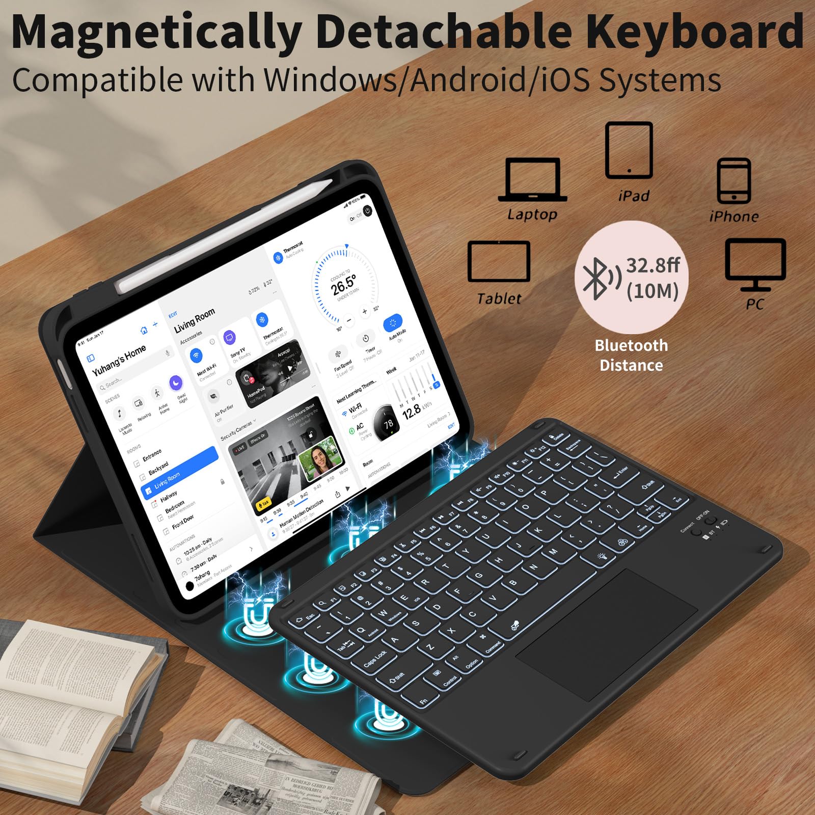 JKSML Funda para iPad (A16) de 11ª/10ª generación con teclado (11/11 pulgadas) 2025/2022, retroiluminación de 7 colores, cubierta Bluetooth desmontable con trackpad, funda delgada con soporte para