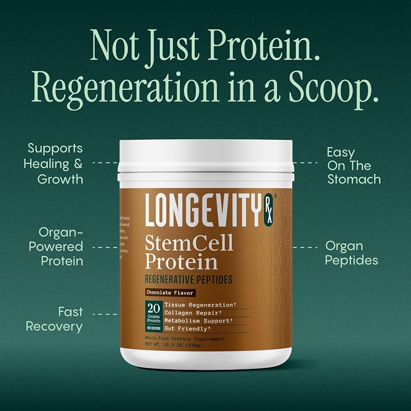 Longevity Rx Stem Cell Protein Powder Chocolate – Bone Marrow & Bone Broth Protein, Bacillus Subtilis AB-22, Natural Peptides – Cellular Recovery – 30 Servings image 2