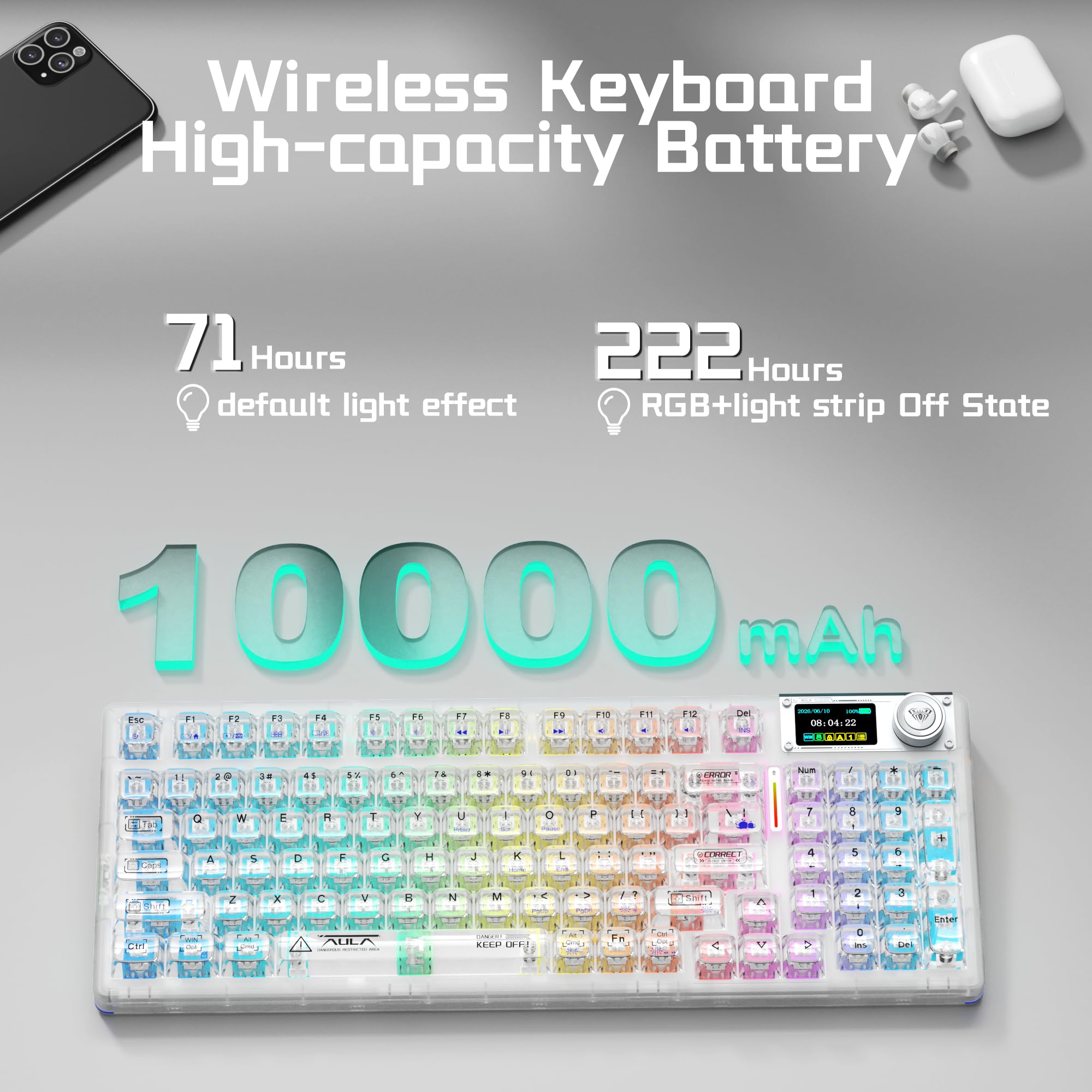 AULA F98Pro V3 Kabellose Gaming Tastatur mit Display & Knopf | BT/USB-C/2,4GHz,Gasket,Hot-Swap,10000mAh,Transparente Keycaps,RGB,Makro Software,Wireless Mechanische Tastatur für Tablet/PC