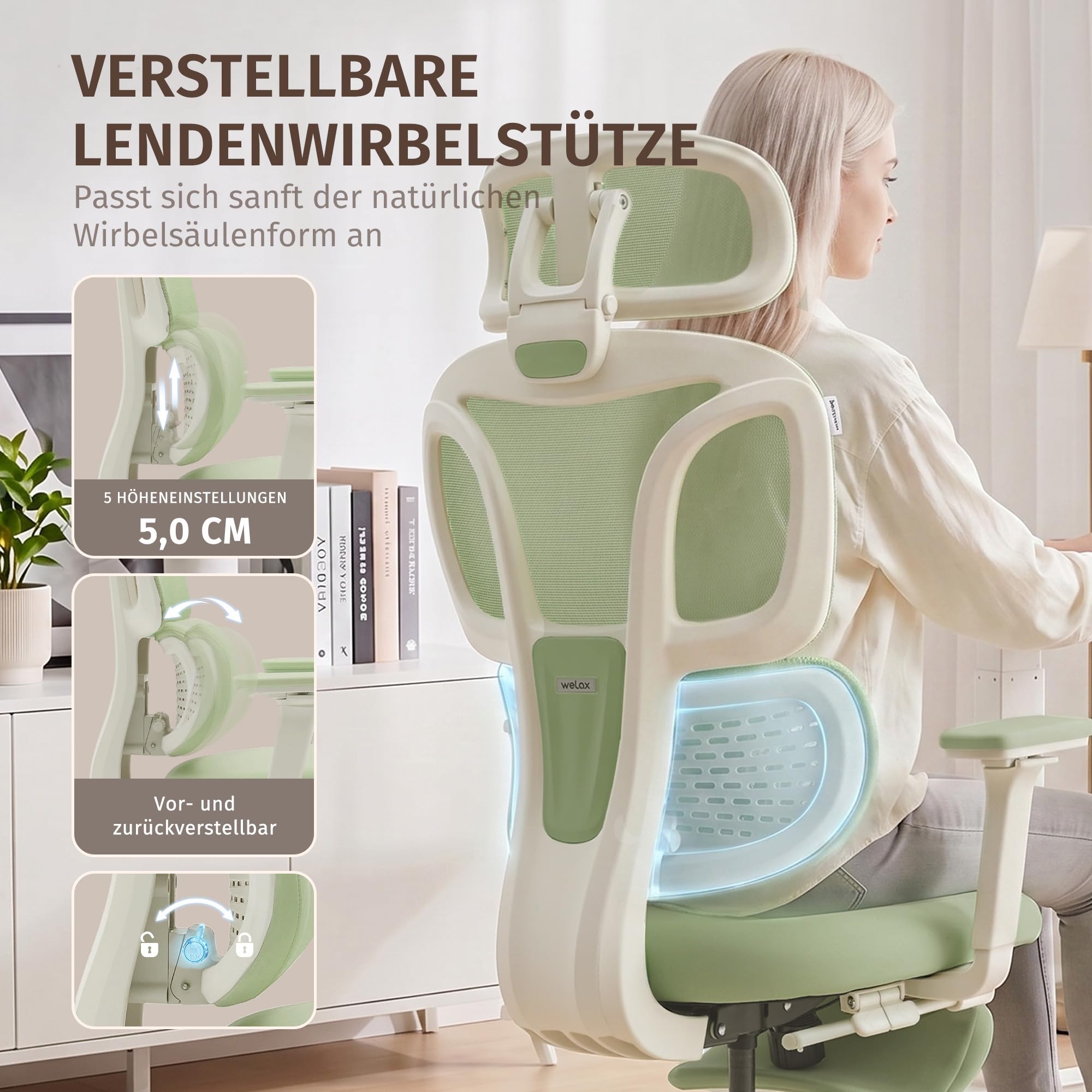 WELAX S3 Pro Ergonomischer Bürostuhl mit Netzbezug, Fußstütze und Verstellbarer Kopfstütze – Hochlehniger Schreibtischstuhl mit Lendenwirbelstütze für Homeoffice, Computer und Gaming, Grün