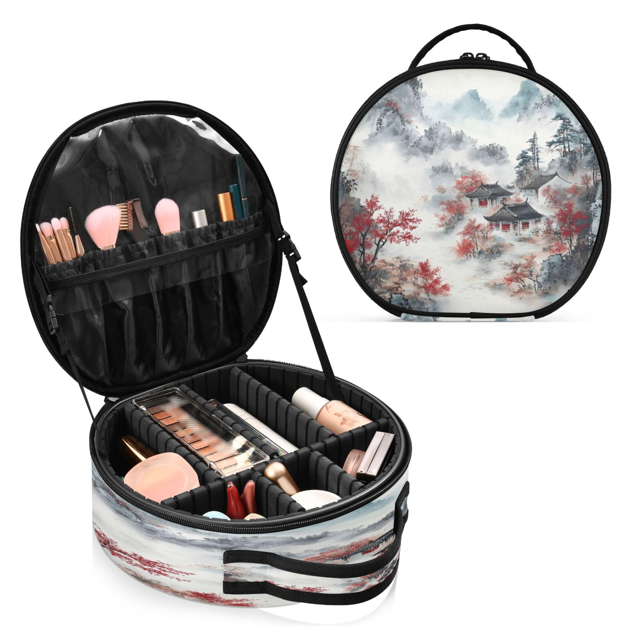 Takiito Chinese Landscape Painting Travel Makeup Case Portable Makeup Box Artist Cosmetic Case Organizer With Adjustable Dividers