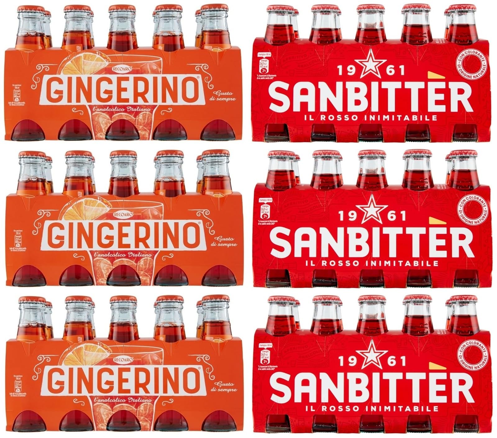 60er-Pack Testpaket San Bitter Rosso + Gingerino Recoaro Erfrischendes alkoholfreies Getränk,Italienischer Aperitif,Ginger 10cl Einweg-Glasflasche