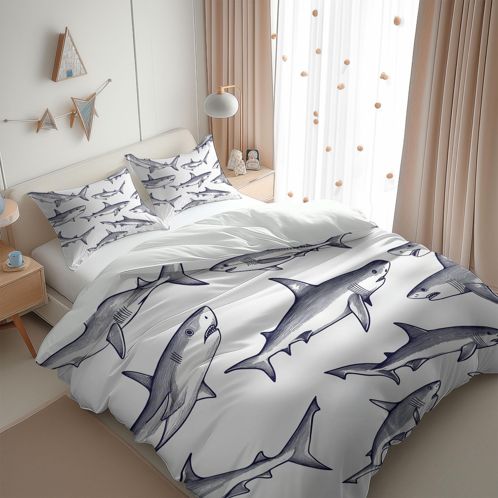 Komplet pościeli 200 x 200 cm, dla dorosłych, chłopców i dziewczynek, minimalistyczny wzór rekina 2-osobowa poszwa na kołdrę z mikrofibry z zamkiem błyskawicznym, 3-częściowy z 2 poszewkami