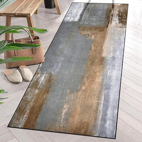 Miniatura 1 de ArtSocket Alfombra de pasillo de pintura gris y marrón, alfombra abstracta gris de 2 x 6 pies, alfombra de entrada antideslizante lavable para