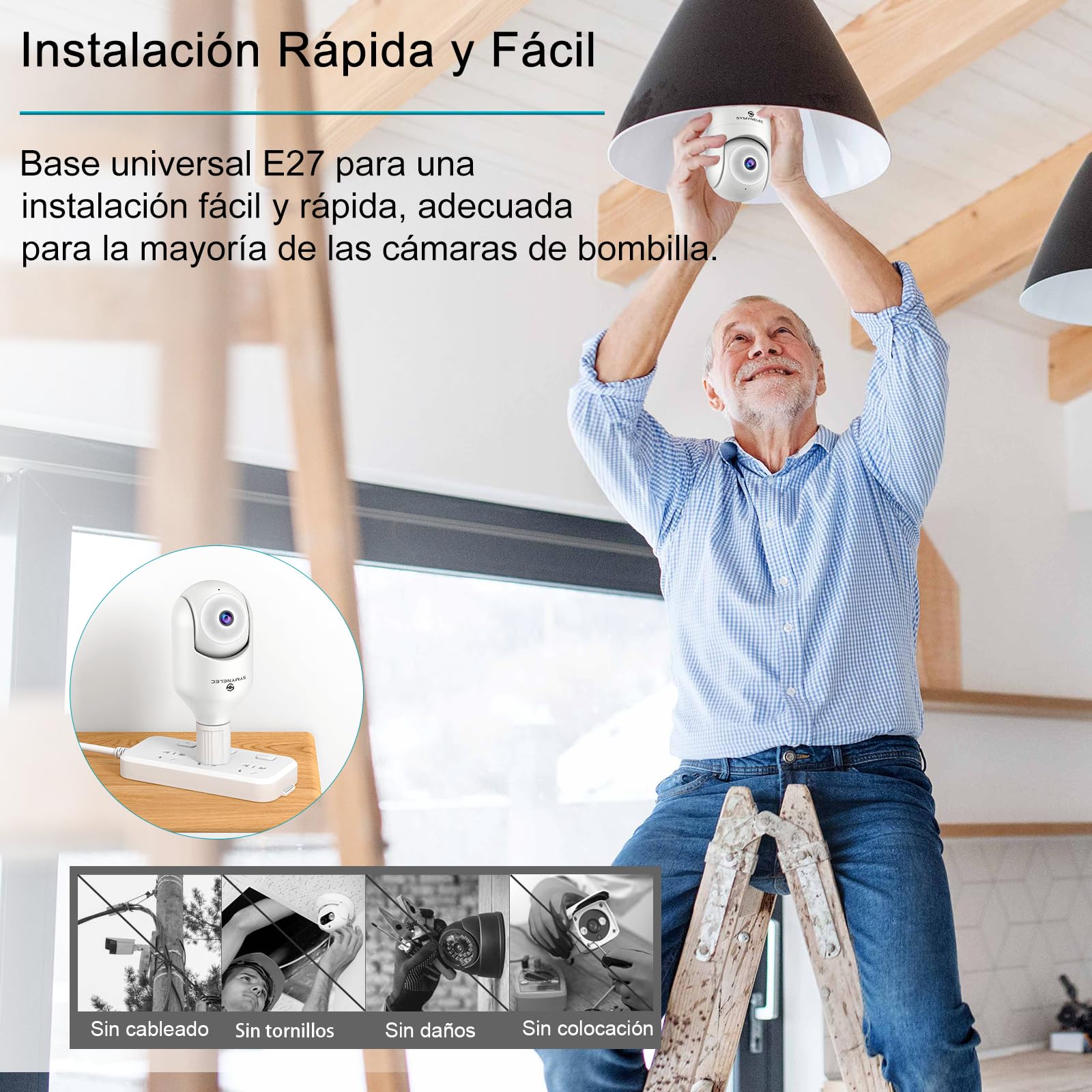 SYMYNELEC Camara de Bombilla Vigilancia WiFi Exterior 2K 4MP, Cámara de Seguridad 360°con Detección Humana AI, Seguimiento Automático, Visión Nocturna a Color, Audio Bidireccional, Alexa, IP65, 2PCS