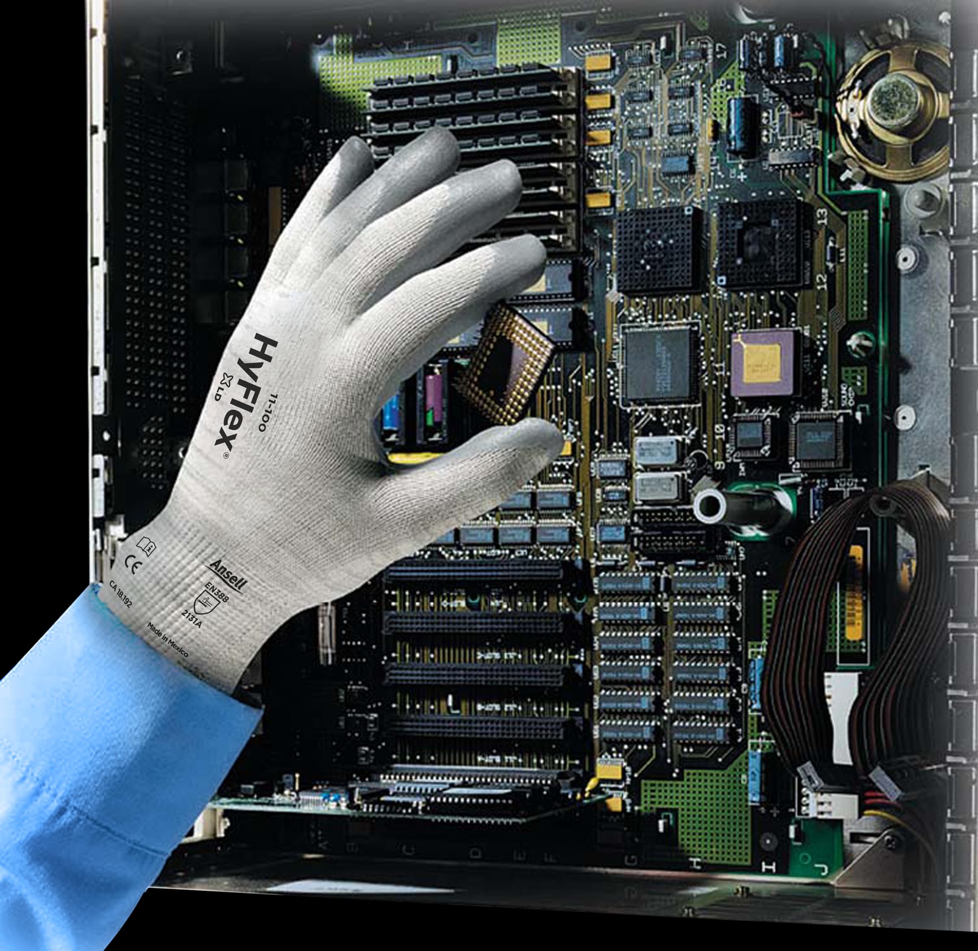 Ansell HyFlex 11-100 Rękawiczki Wielofunkcyjne Robocze z Technologią Jonowo-Antybakteryjną, Lekkie, Oddychające Wzornictwo, Kompatybilne z Ekranem Dotykowym, Zmywalne, Rozmiar XL, 12 Par