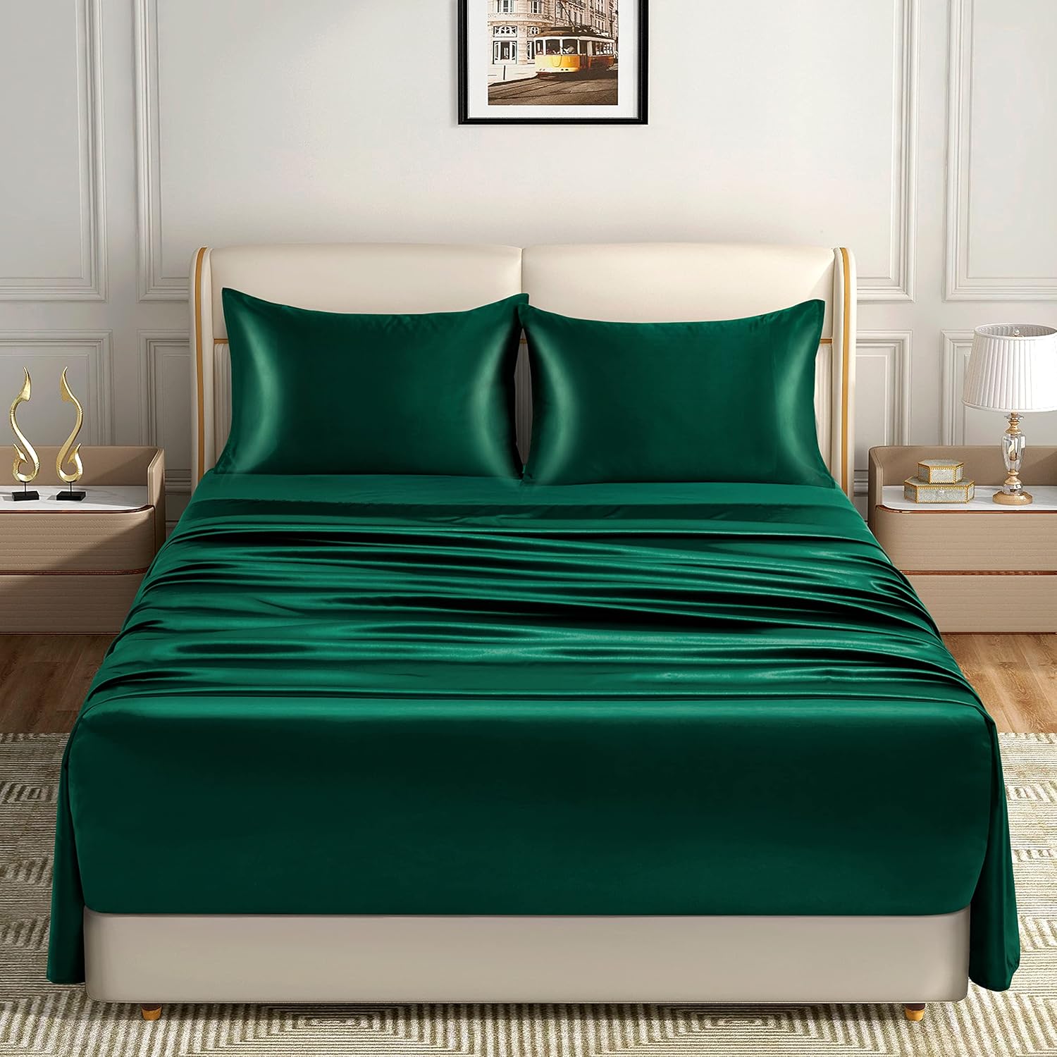 Homiest 4pcs Extra Deep Pocket Satin Sheets King Size Bed Set, 18-24 Inch Deep Pocket Bed Sheets Blackish Green Satin Sheet Set, Silky Satin Bedding Set Soft Fitted Sheet Set Fits Ultra Deep Mattress