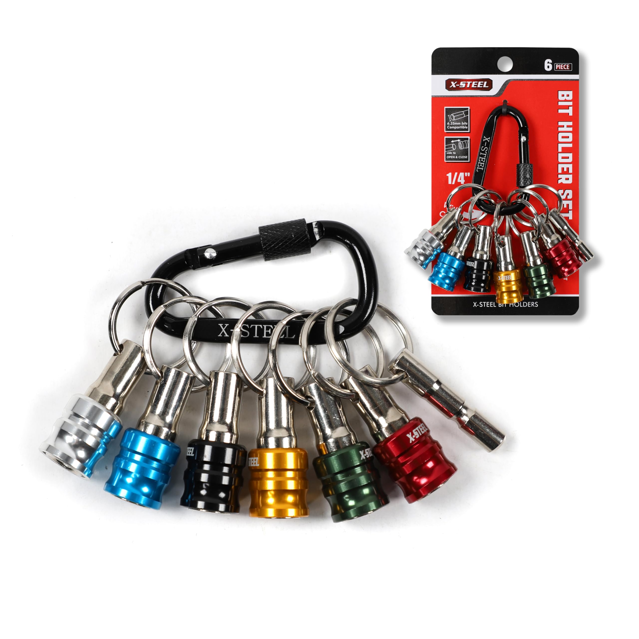 X-STEEL 6Pcs Bit Holder, 1/4 Drill Bit Holders, Keychain Drill Screw Adapter Change Portable, With Black Carabiner for Tools & Home Improvement Gift - 1