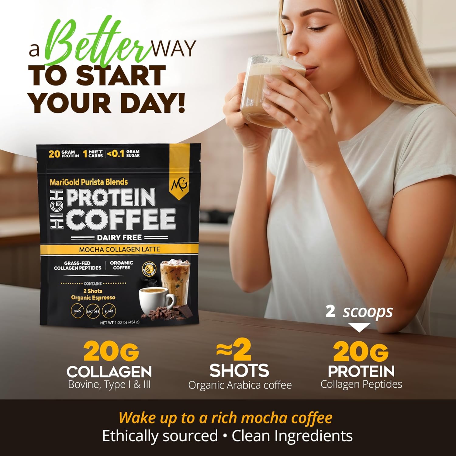 MariGold High Protein Collagen Coffee - Mocha Collagen Latte, Dairy Free, 20g Grass-Fed Type I & III Collagen Peptides, Energy Boost, 2 Shots Organic Espresso, Non-GMO, 1 Lb Bag, 15 Servings - Image 2