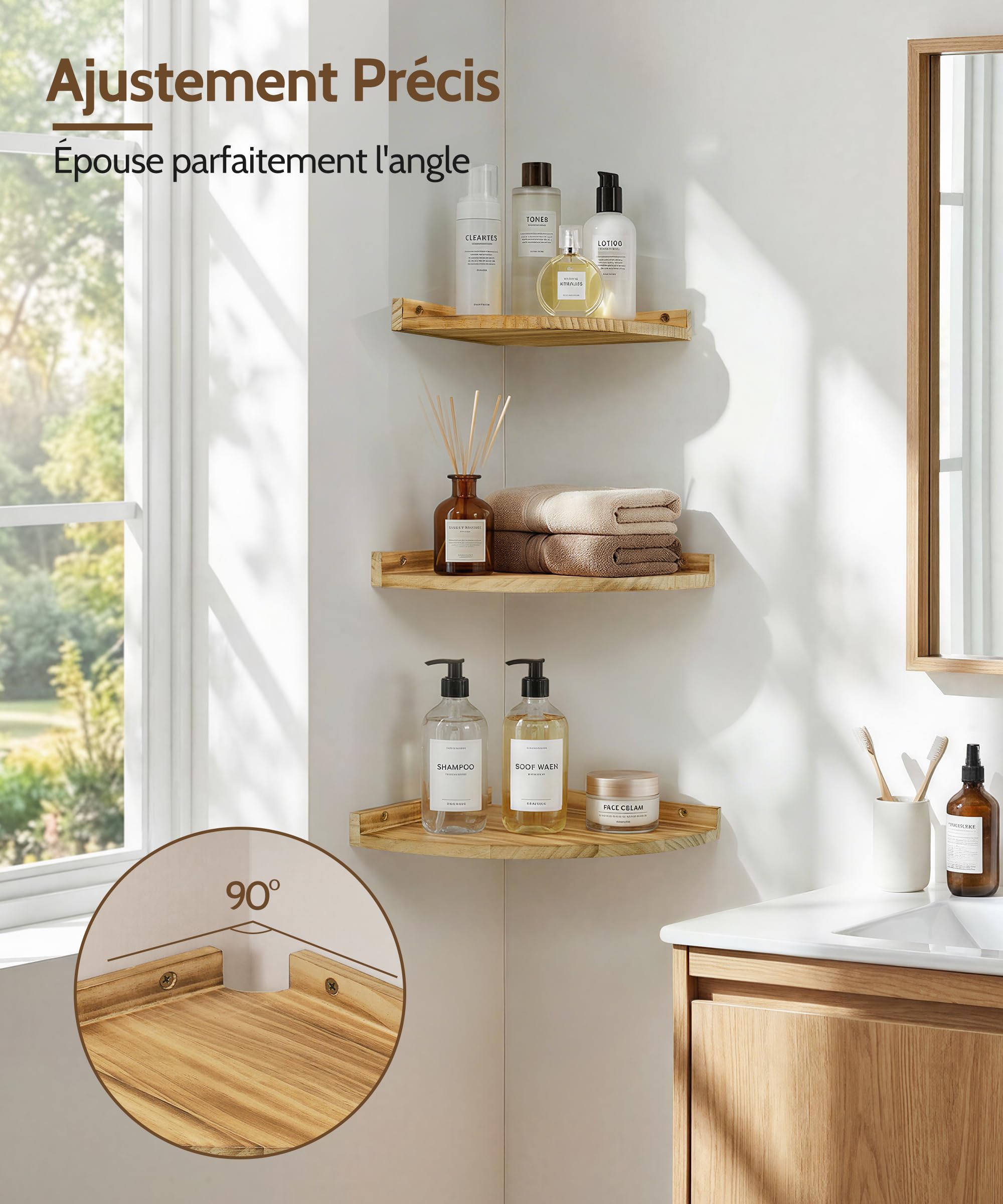 Étagères d’Angle Murales en Bois Style Vintage pour Salon Lot de 3 | Tablettes indépendantes suspendues, Passe-câble arrière,pour plantes, cadres et déco, salle de bain, cuisine, chambre