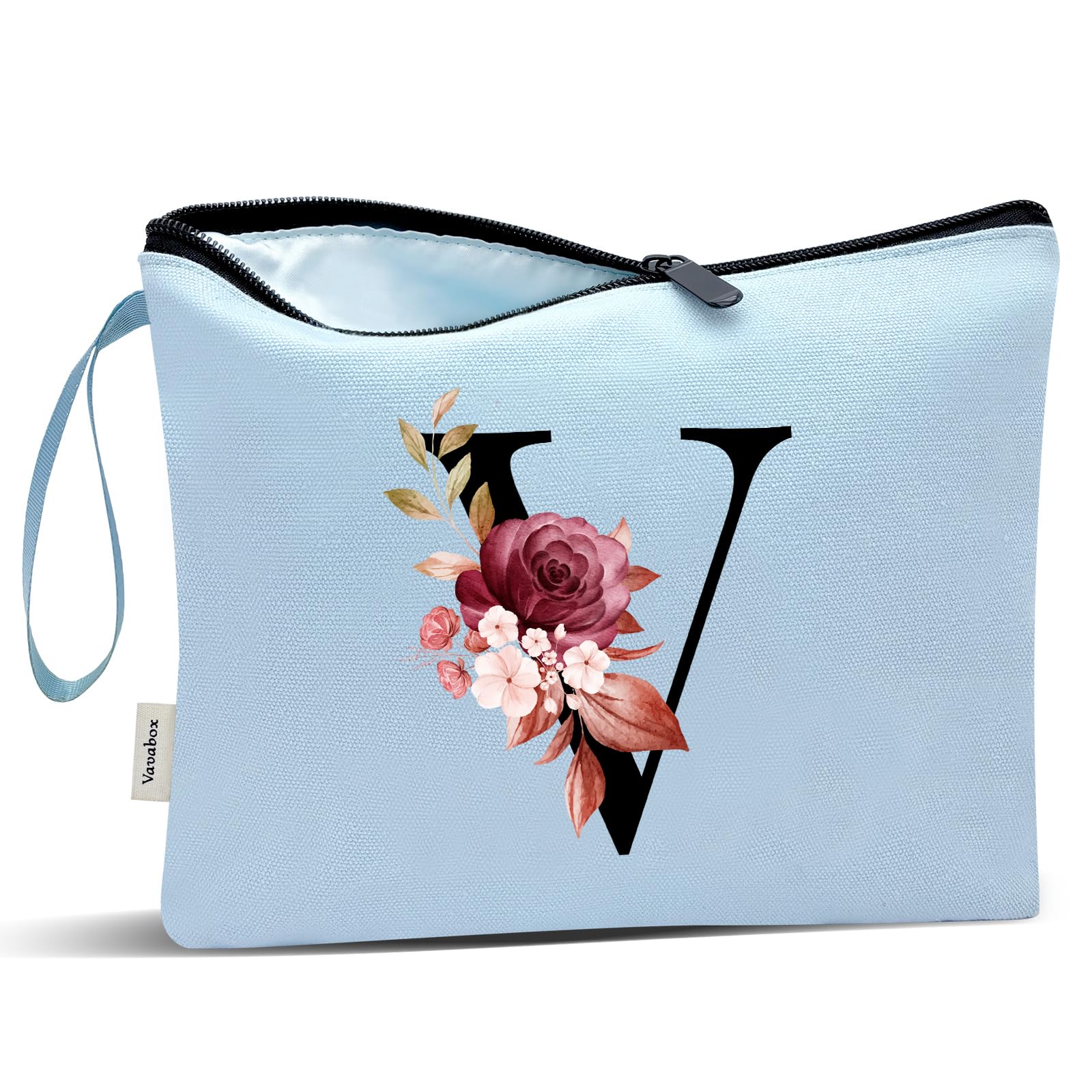 Vavabox A-Z Personalized Makeup Bag, Birthday Gifts for Women Mom, Gifts for Best Friend, Bride Bridesmaid Cosmetic bag (V, Blue)
