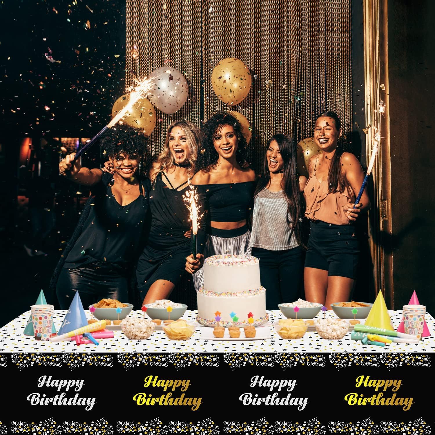 Amfin 54 x 72 Inch Happy Birthday Printed Metallic Foil Disposable Table Cover, Tablecloth for Party, Birthday Decoration. Waterproof, Shiny Finish - Black [Pack of 1] - Image 7 thumbnail