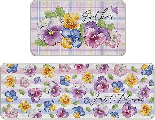 Miniatura 1 de Tailus Juego de 2 alfombras de cocina con flores florales de primavera y verano, Just Bloom y reúne hojas de pensamiento moradas a cuadros, tapetes
