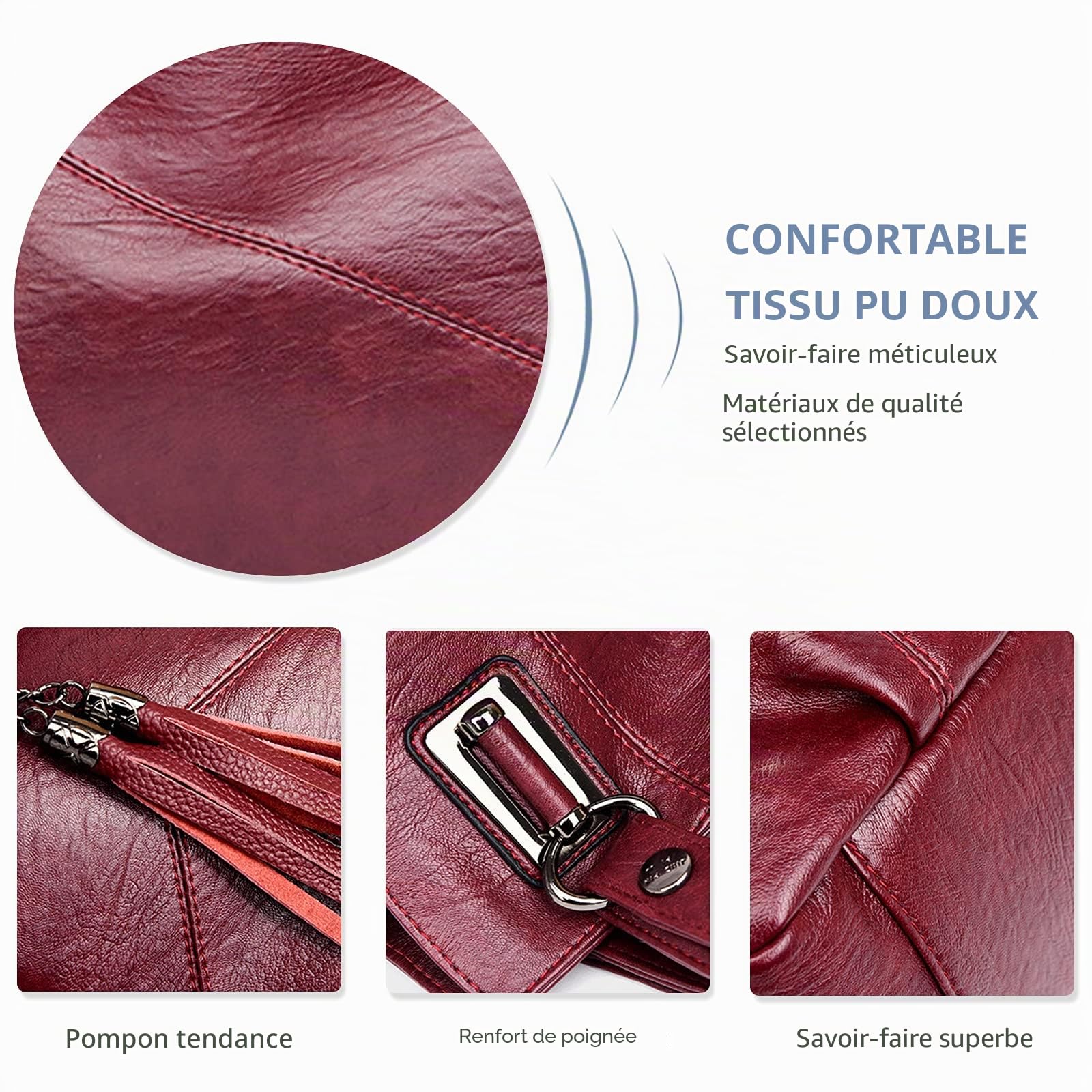 NICOLE & DORIS Sac à main en cuir PU souple pour femme, sac à bandoulière à longue bandoulière, grand sac à bandoulière avec pompon