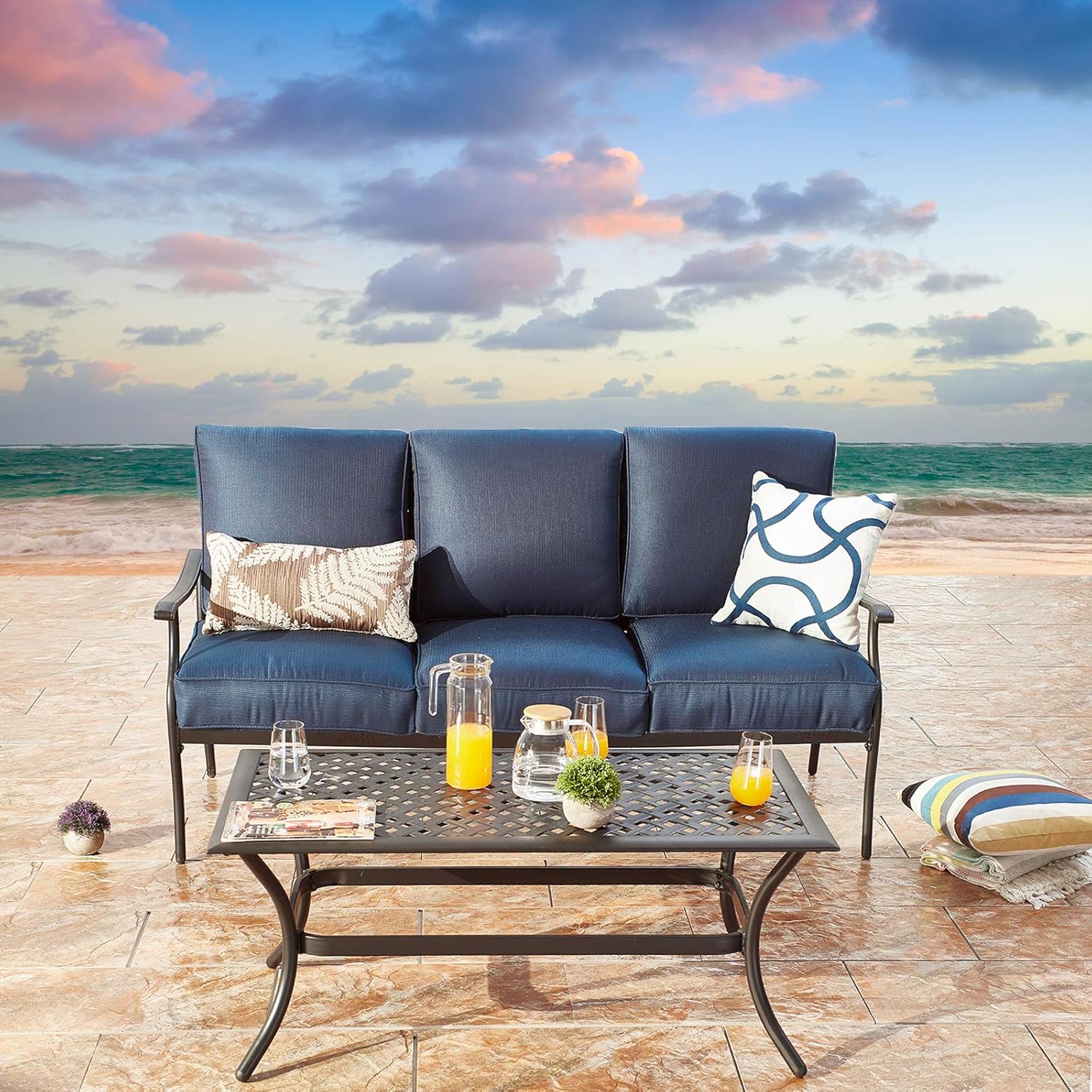 Festival Depot 2Pcs Conversation Set Metal Patio Sofa with Thick Cushions and Coffee Table Outdoor Furniture for Deck Garden (Blue)