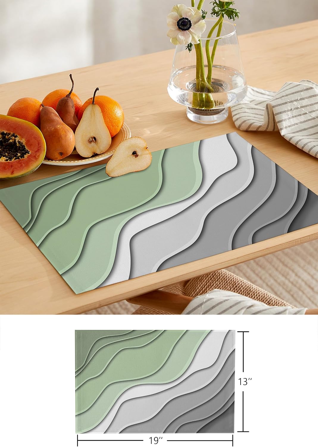 Washable Placemats Set of 6, Sage Green Ombre Stripes Geometric Color Gradient Dining Table Mats, Foldable Place Mats for Kitchen Decor Accessories Table Protective Pad Indoor/Outdoor(13"x19")