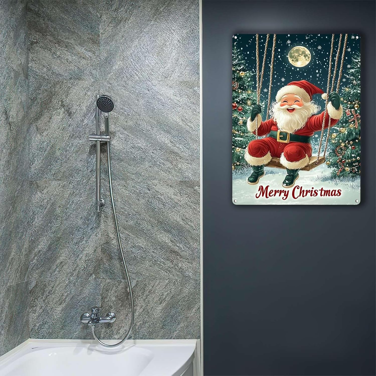 Retro Tin Sign Merry Christmas Santa Claus on a swing Wall Decor for Home Gate Garden Bars Restaurants Cafes Office Store Pubs Club Sign Gift 12"x16"