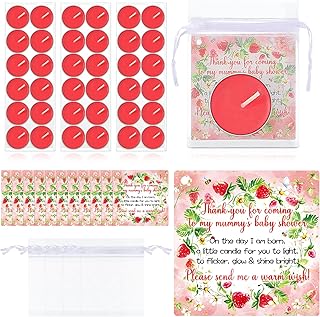 MTLEE 60 Sets Baby Shower Party Favors for Guests Baby Shower Gifts Tea Lights Candles with Thank Tags and Return Gift Bags for Birthday Gender Reveal Party Supplies(Red,Strawberry)