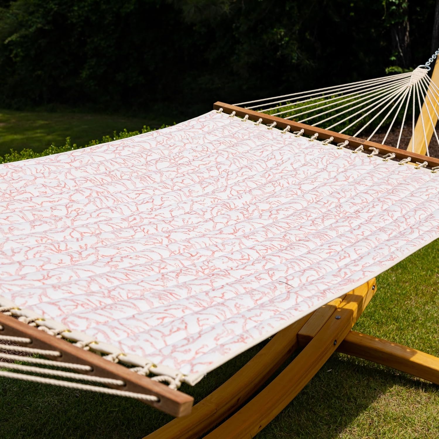Nags Head Hammocks Atoll Persimmon Bella Dura Quilted Hammock, Constructed of Durable Fabrics, Cumaru Spreader Bar, Rolled Rim Grommets, Galvanized Hardware, Handcrafted in The Carolinas