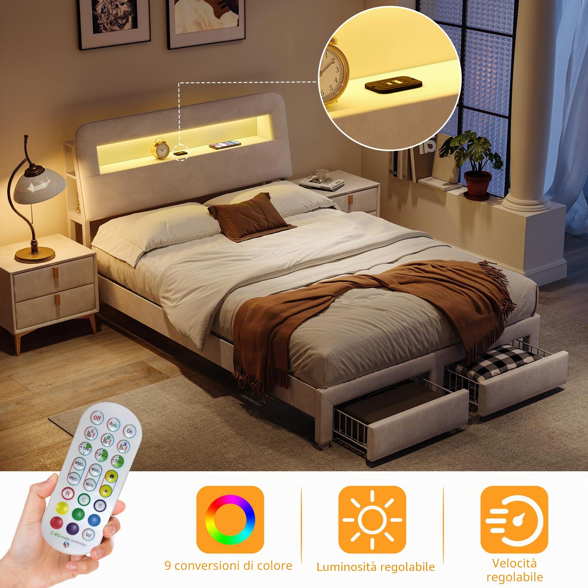 Letto imbottito 160x200 cm con 2 Cassetti, Letto matrimoniale a LED, letto contenitore una piazza e mezza, Funzionale con testiera, Struttura letto con rete a doghe, in Velluto