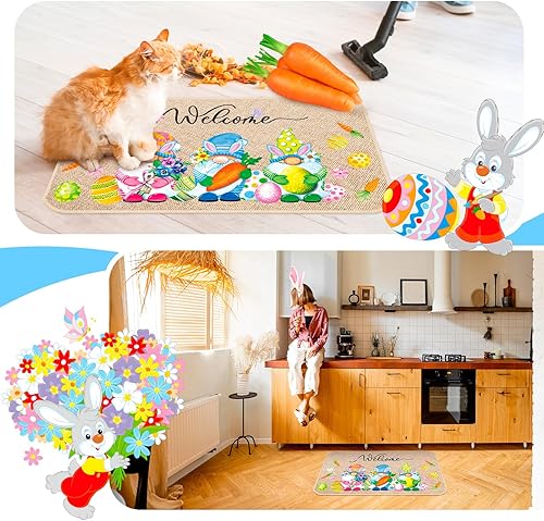 Miniatura 6 de Zhanmai Felpudo de bienvenida con diseño de enano de Pascua, diseño floral de huevo, tulipán, colorido, flor de tulipán, tapete para puerta