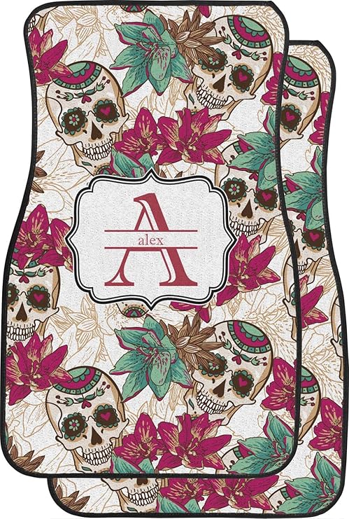 Personalized Sugar Skulls & Flowers Car Floor Mats (Front Seat)