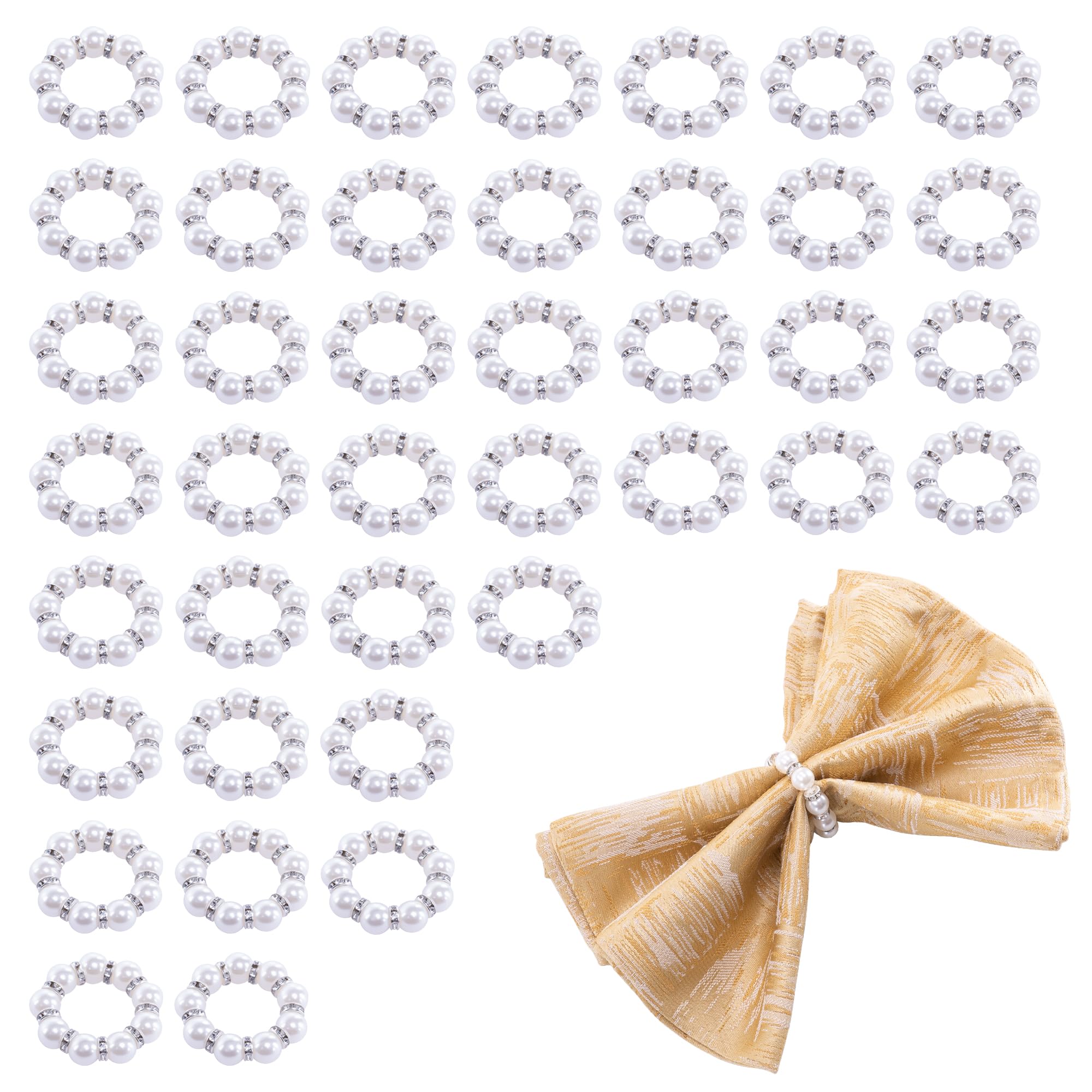 40 Pcs Pearl Napkin Rings Silver Napkin Ring Holder Beaded Rhinestone Serviette Rings Buckle with Elastic for Formal Wedding Bridal Shower Home Dinner Party Table Decor
