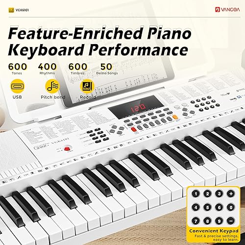 Miniatura 16 de Vangoa Piano de teclado de 61 teclas, kit de teclado de piano eléctrico iluminado con 600 voces, 400 ritmos con soporte para piano, micrófono, Negro