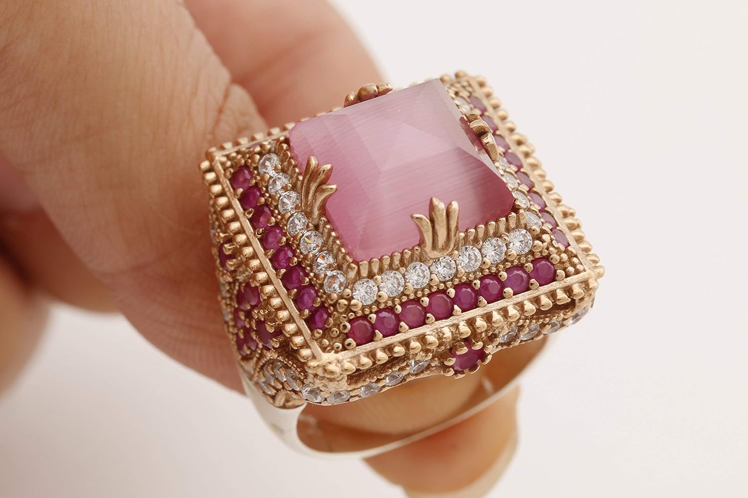 Turkish Handmade Jewelry Square Shape Pink Cat's Eye and Round Cut Pink Ruby Topaz 925 Sterling Silver and Bronze Ring Size Options