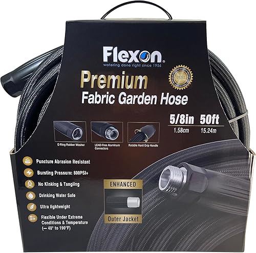 Flexon Manguera de jardín ligera de tela prémium de 58 pulgadas x 50 pies, sin BPA, sin plomo, sin ftalatos, 800 PSI, ideal para usar con tu césped,