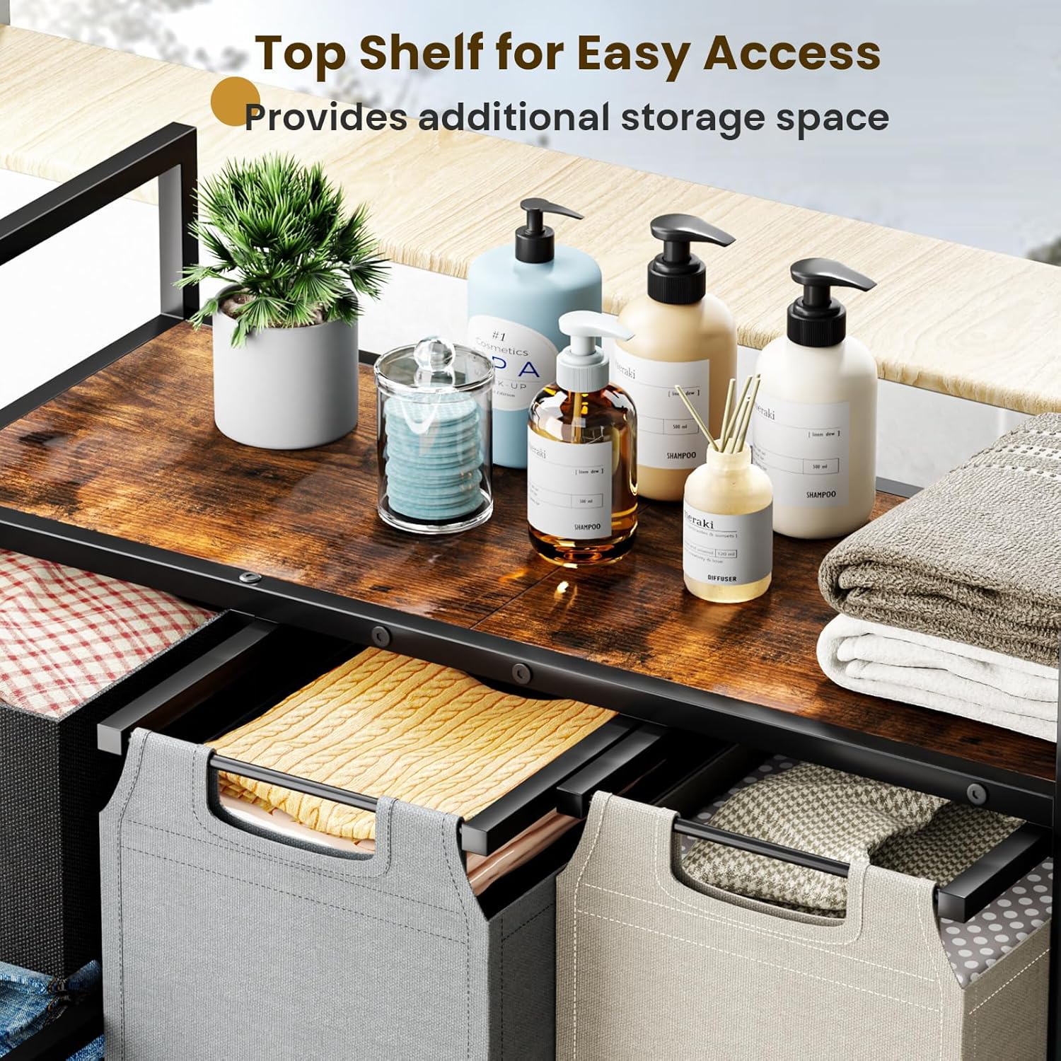 Laundry Hamper 3 Section, 135L Laundry Sorter with Shelf and 1 Drawer, Metal Frame Laundry Basket Organizer, Pull-Out Removable Oxford Fabric Bags for Laundry Room, Bedroom, Bathroom