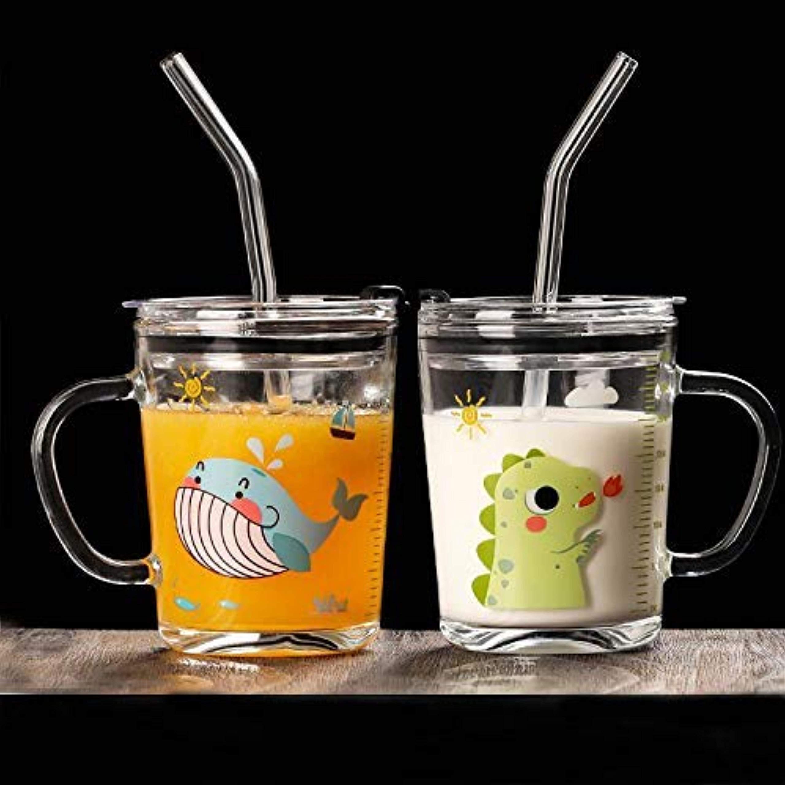 READY FOR SHINE Glass Tumbler with Lid and Silicon Straw Coffee Mug Tea Cup Travel Mug Smoothies Fruit Juice Bottle for Home and Office Milk Thick Shake Mug for Kids Juice Mug -Multi Design 420-ML (2)