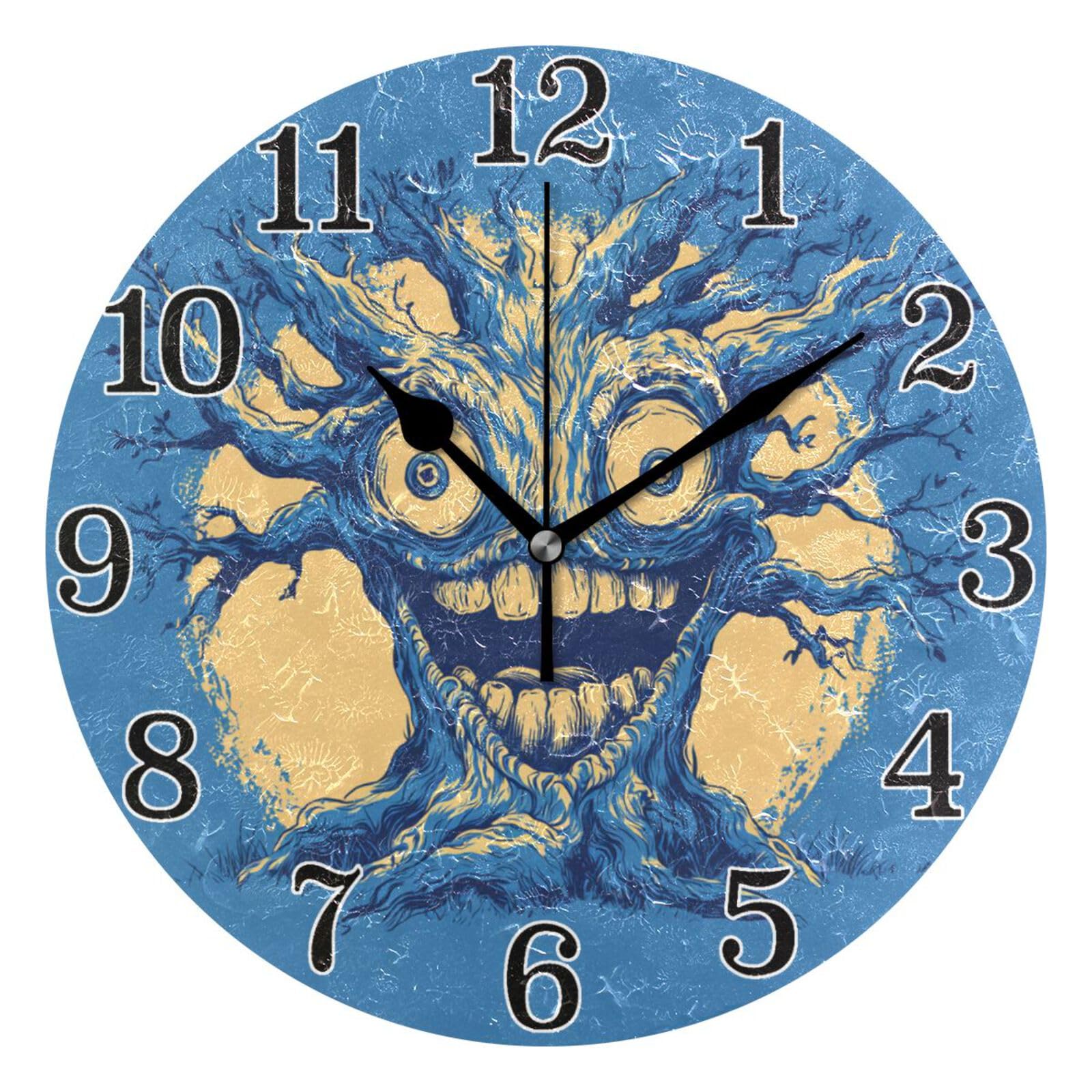 Horloge de bureau ronde sans tic-tac Funny Tree bleue anti-bruit