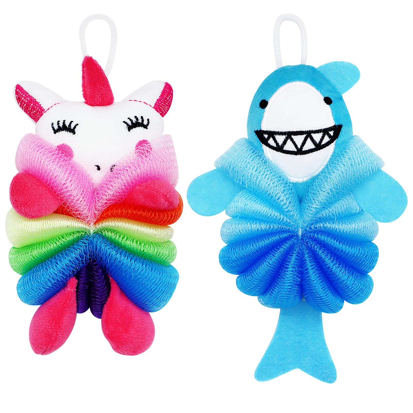 Yeelua 2Pcs Shower Puff Loofah Sponge, Kids Rainbow Cat Mesh Pouf Shower Ball, Bath Loofahs Cute Animal Bath Sponges, Toddler Shower Washing Exfoliating, Men and Women Exfoliate Cleanse Soothe Skin