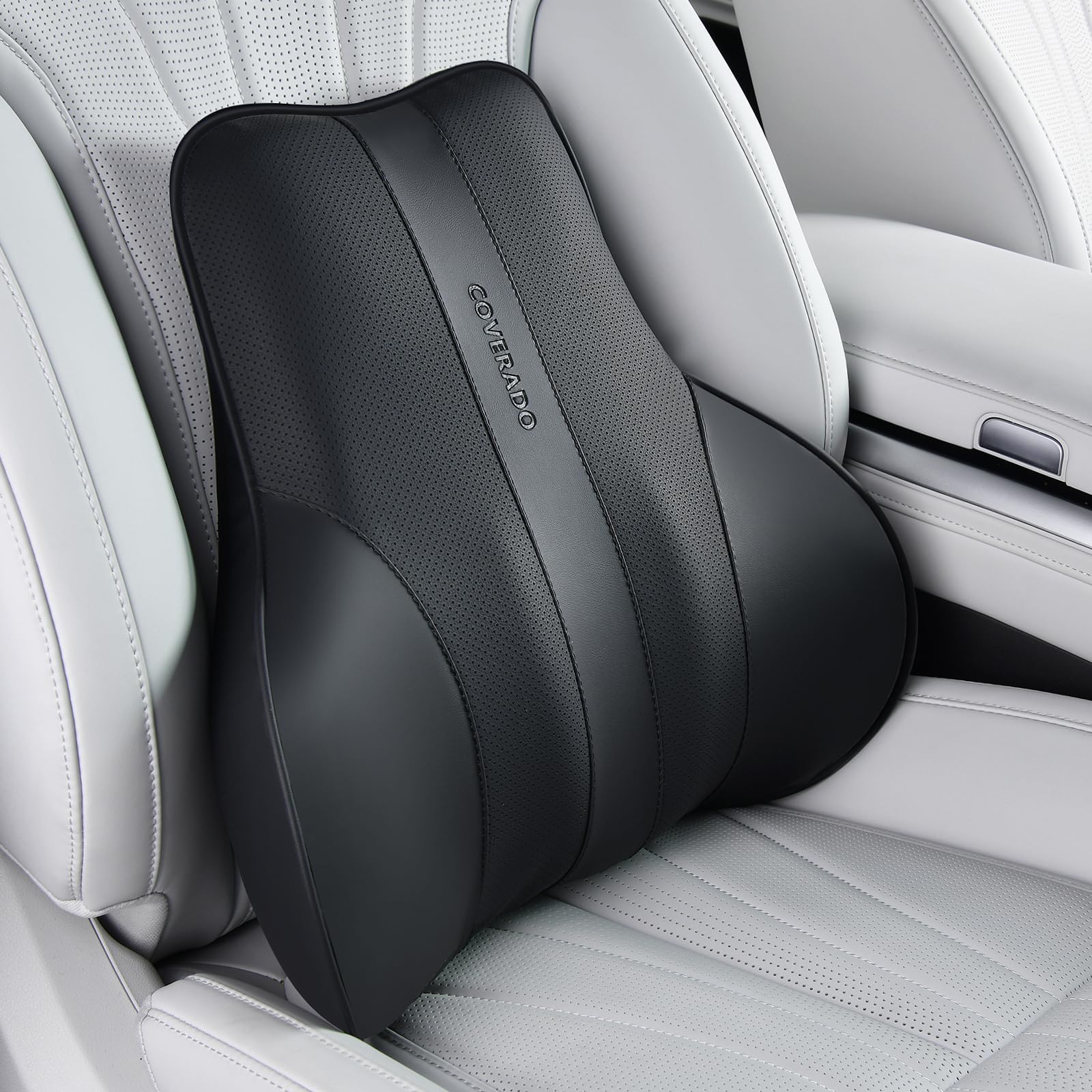 Coverado Lumbar Support Pillow for Car, Ergonomic Memory Foam Back Pillow for Office Chair, New Back Cushion for Pain Relief, PU Leather Car Lumbar Support for Driving Seat Black